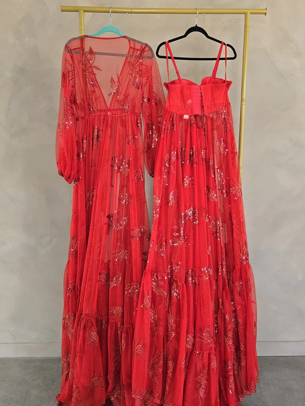 Red Floral Sheer Maxi Dress with Corset Bodice - Picture 7 of 13